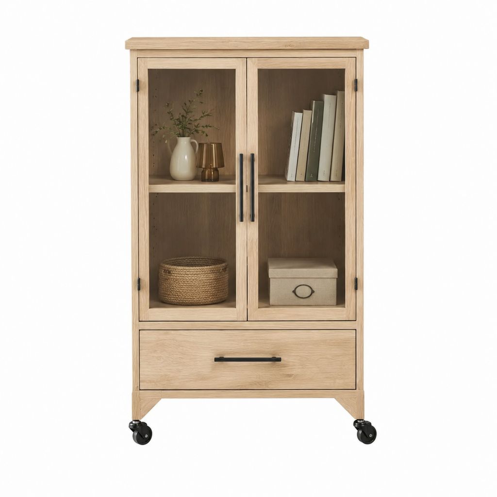 Vitrine de salon à roulettes en chêne clair avec 2 portes vitrées et tiroir 80 x 40 x 150 cm