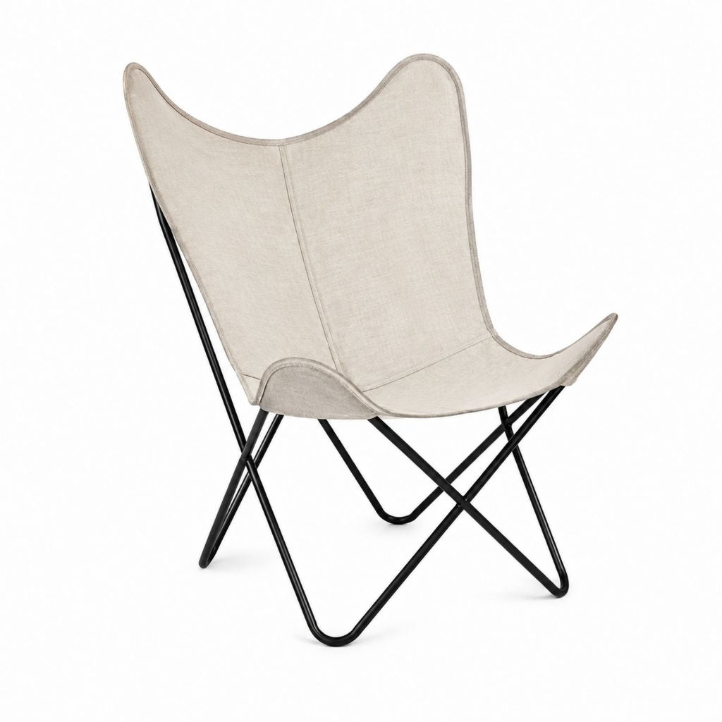 Fauteuil papillon beige en toile de coton avec piètement en acier 74 x 84 x 90 cm
