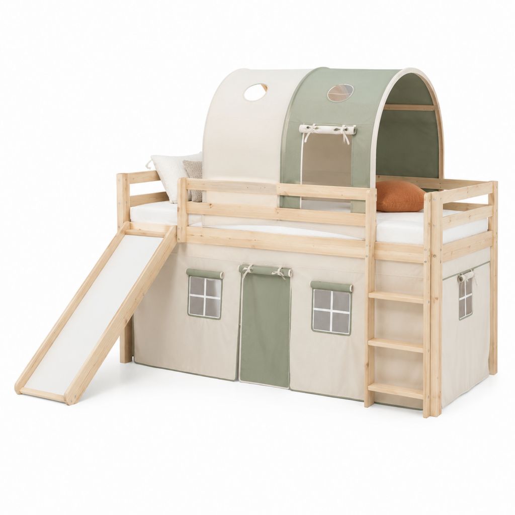 Lit mezzanine enfant avec toboggan et tente vert sauge blanc en pin massif 90 x 200 cm