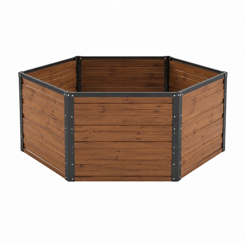 Jardinière surélevée hexagonale marron en bois massif de sapin et acier 120 x 120 x 60 cm