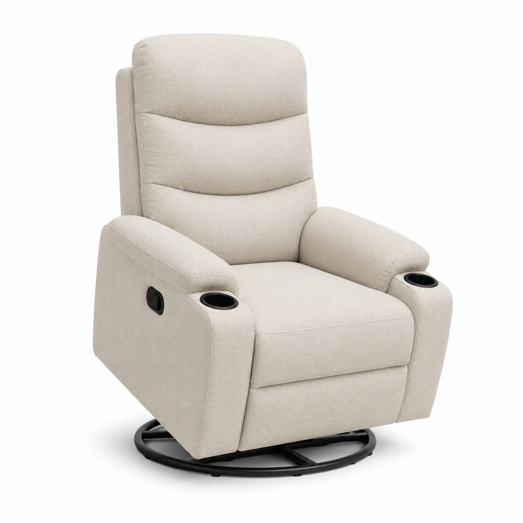 Fauteuil relax inclinable pivotant beige en polyester avec porte-gobelets 90 x 95 x 105 cm