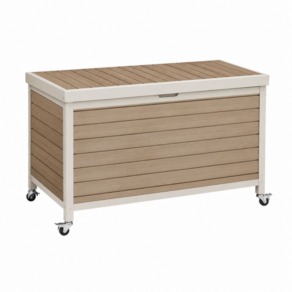 Coffre de rangement de jardin à roulettes beige et taupe en aluminium et WPC 120 x 60 x 63 cm