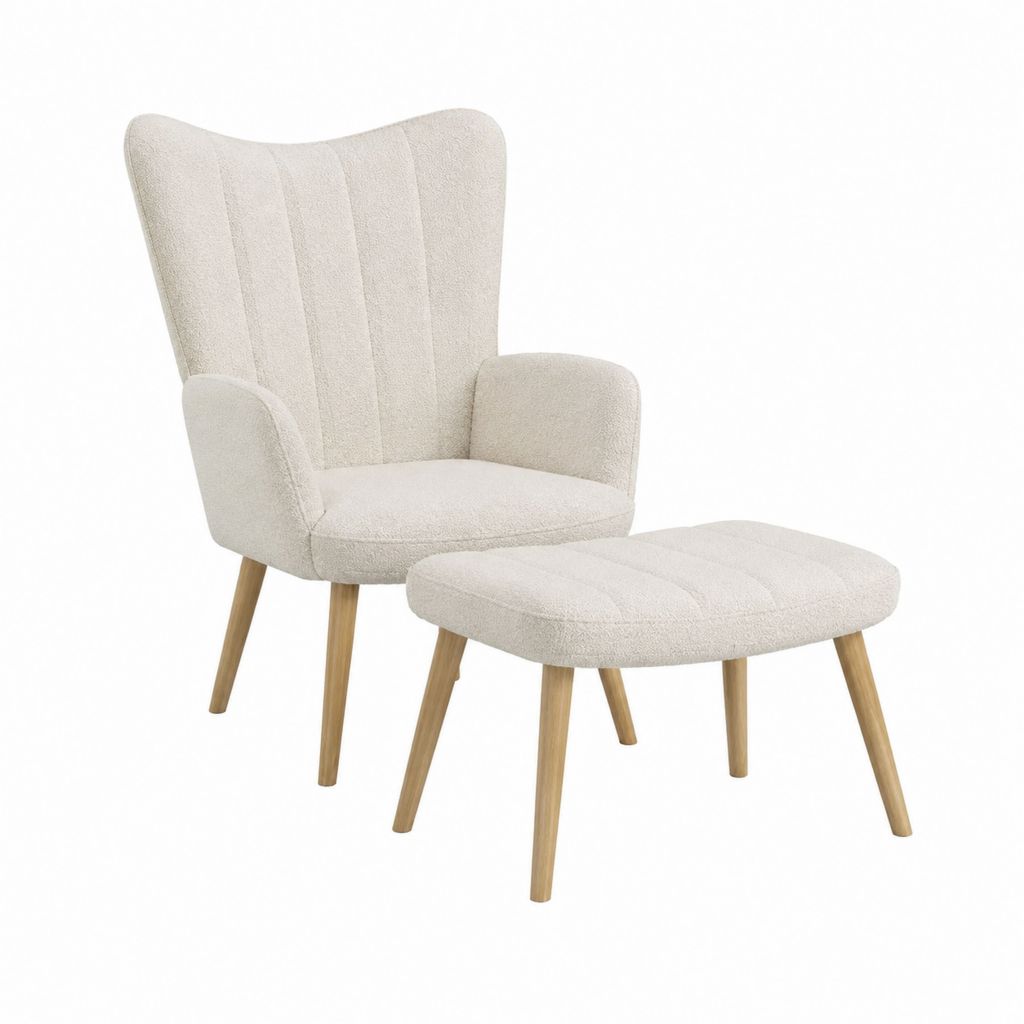 Ensemble fauteuil à oreilles et repose-pieds beige en polyester forme enveloppante 74 x 82 x 104 cm et 56 x 40 x 40 cm