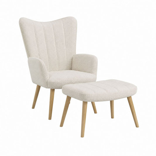 Ensemble fauteuil à oreilles et repose-pieds beige en polyester forme enveloppante 74 x 82 x 104 cm et 56 x 40 x 40 cm