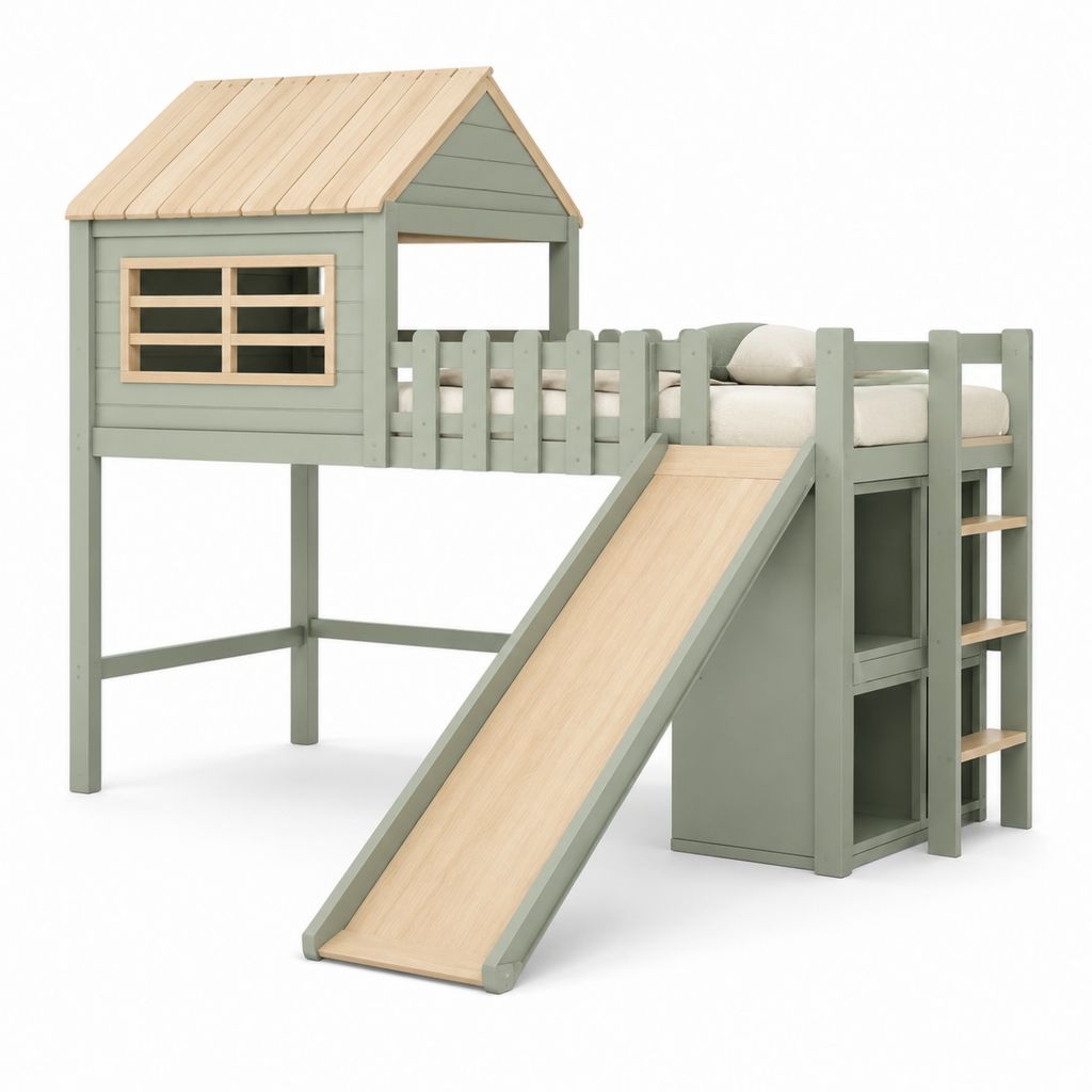 Lit mezzanine enfant cabane avec toboggan vert sauge en pin massif 90 x 190 cm