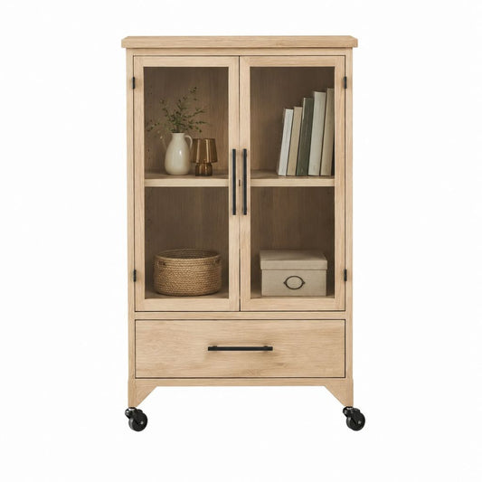 Vitrine de salon à roulettes en chêne clair avec 2 portes vitrées et tiroir 80 x 40 x 150 cm