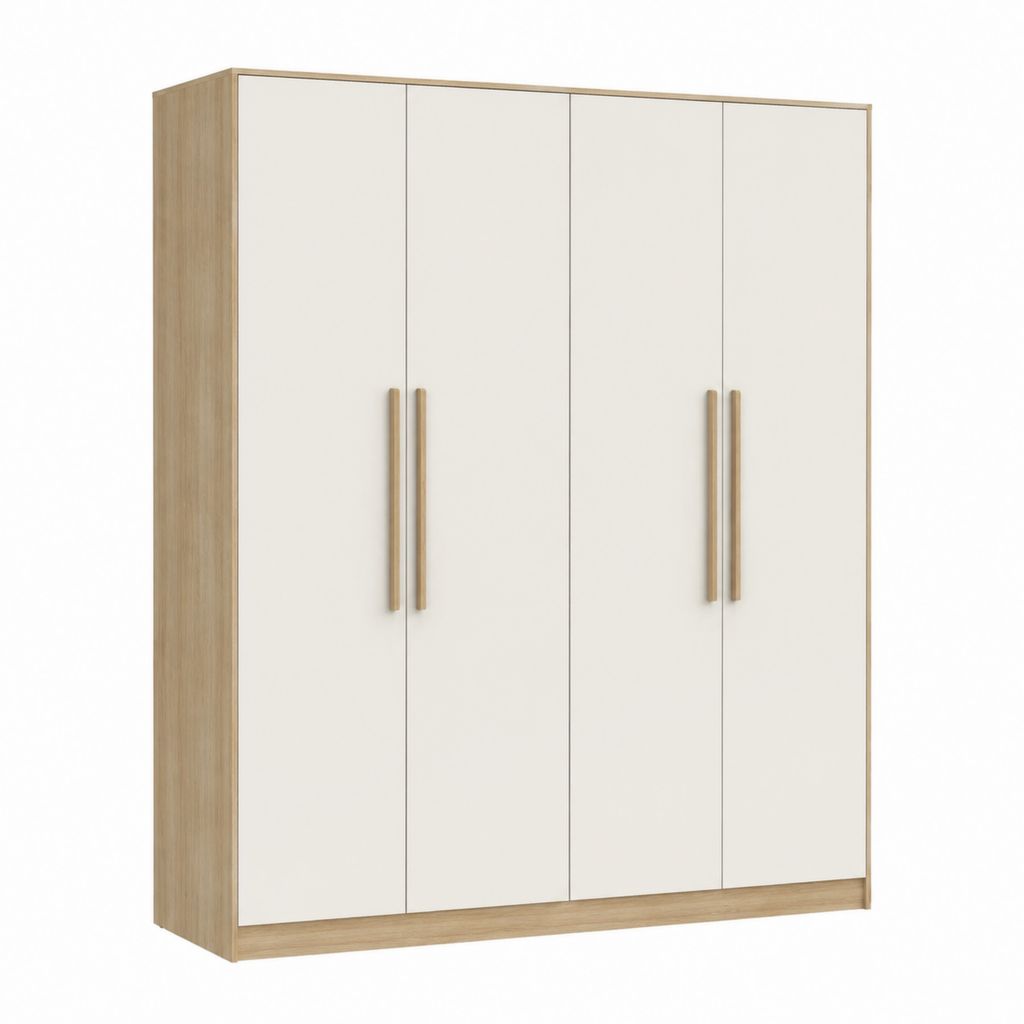 Armoire de chambre 4 portes blanche et chêne naturel en panneaux de particules 200 x 200 x 60 cm
