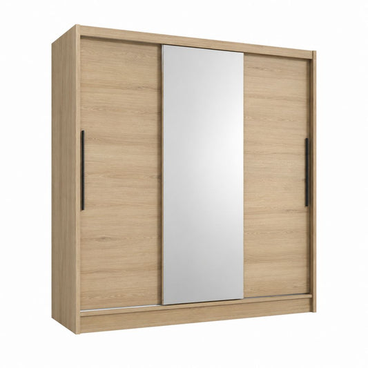 Armoire coulissante 3 portes avec miroir chêne clair panneaux de particules mélaminés rectangulaire 180 x 60 x 200 cm