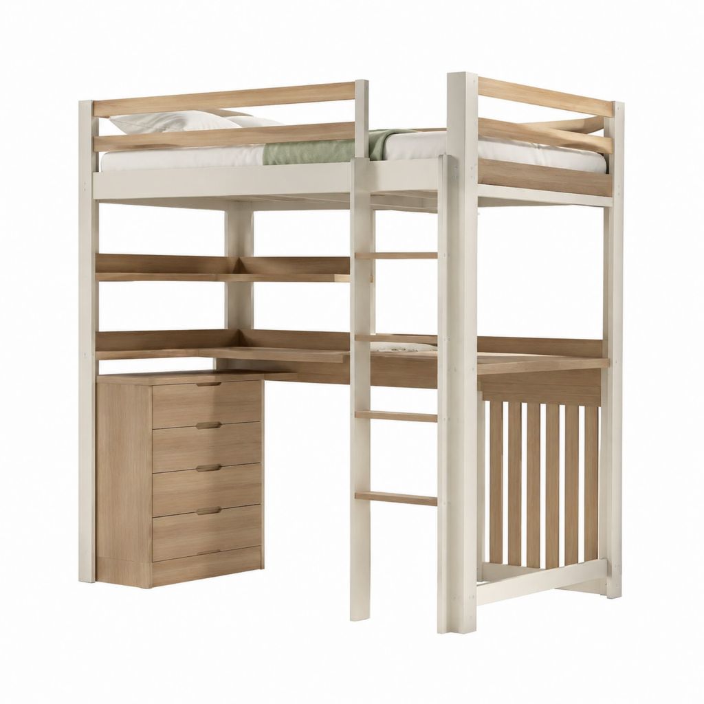 Lit mezzanine enfant 90 x 190 cm blanc et pin massif avec bureau étagères et 4 tiroirs 198 x 98 x 180 cm