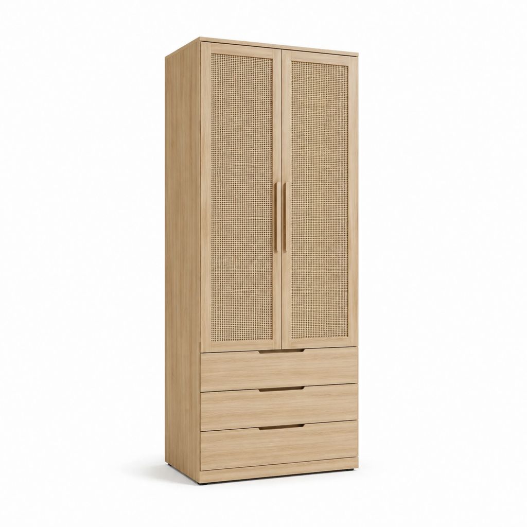 Armoire 2 portes 3 tiroirs beige chêne et cannage en rotin 80 x 45 x 180 cm