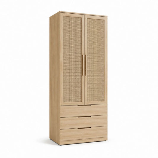 Armoire 2 portes 3 tiroirs beige chêne et cannage en rotin 80 x 45 x 180 cm