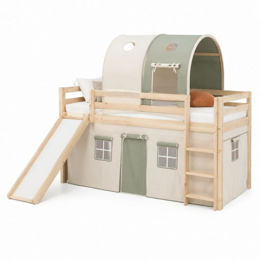 Lit mezzanine enfant avec toboggan et tente vert sauge blanc en pin massif 90 x 200 cm