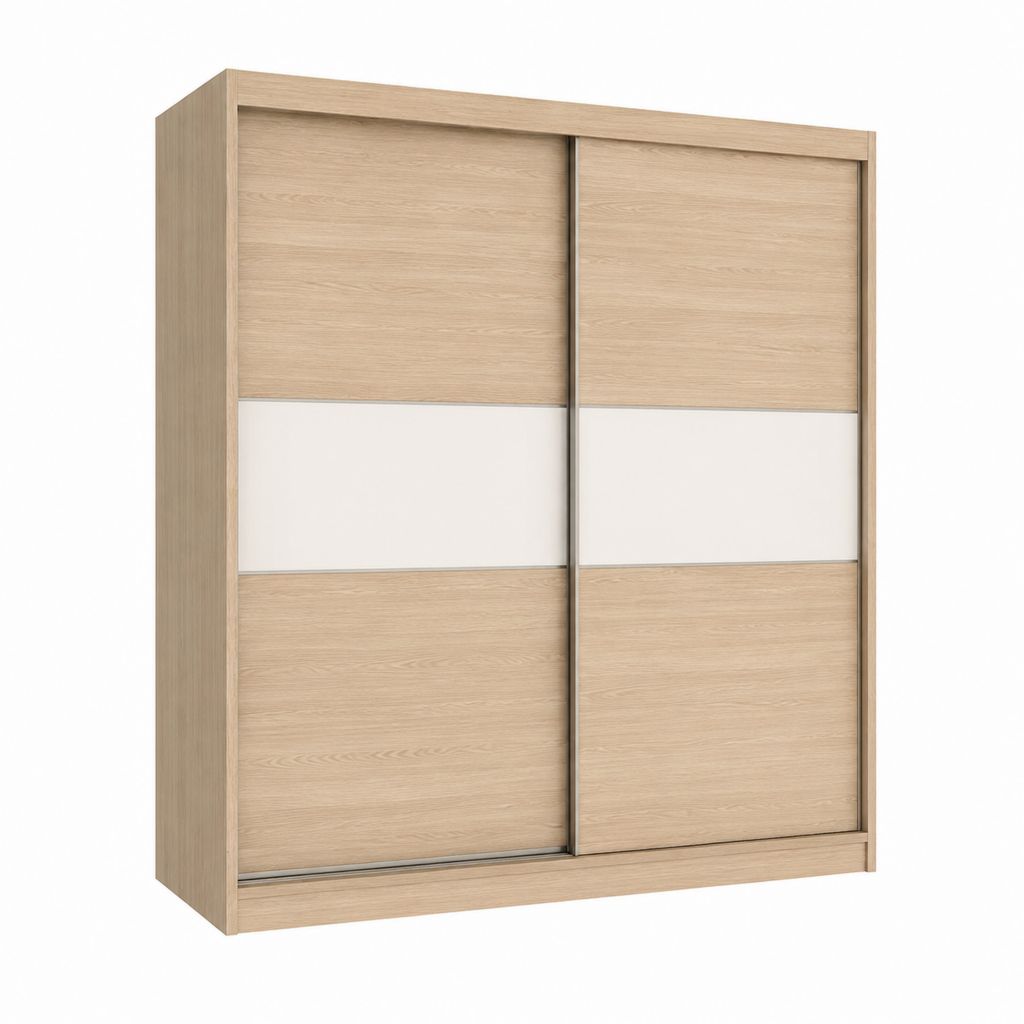 Armoire rectangulaire à 2 portes coulissantes chêne clair et blanc en panneaux de particules 150 x 200 x 60 cm