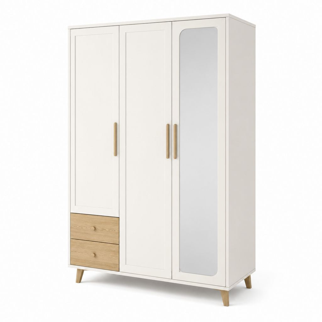 Armoire 3 portes avec miroir blanc et chêne clair en panneaux de particules 120 x 52 x 190 cm